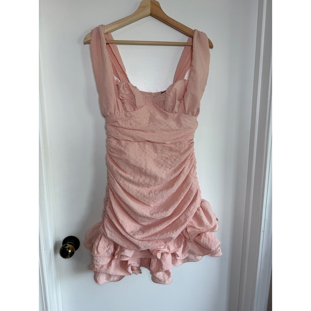 PrettyLittleThing Pink Ruched Ruffle Hem Mini Dress Size 2 Sweetheart Neck